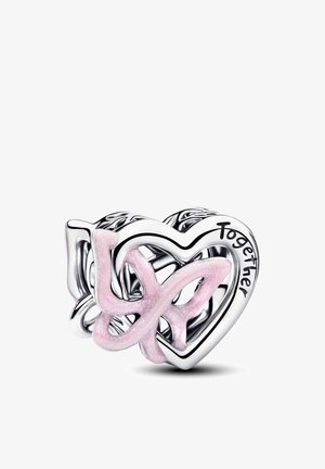 Charm en forme de cœur argenté avec le mot "love" écrit en rose sur le devant et "Together" inscrit sur le côté droit du contour du cœur.