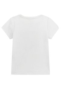 Camiseta de algodón blanca, de manga corta, con cuello redondo, textura suave, diseño simple sin gráficos ni patrones, vista trasera mostrada.