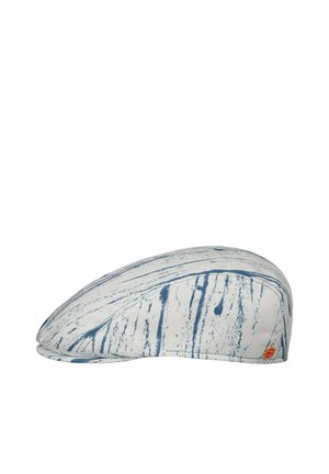 Flat cap with white and blue abstract paint splatter pattern, featuring a small round red logo on the side.