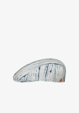 Flat cap with white and blue abstract paint splatter pattern, featuring a small round red logo on the side.