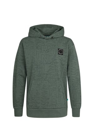Sudadera con capucha en verde oliva con un diseño texturizado y contornos en negro, y un parche con logotipo en el pecho. Tejido suave con puños acanalados.
