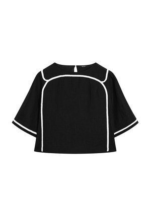 Schwarze Leinenbluse mit weißem Kontrastbesatz, rundem Ausschnitt und kurzen, weiten Ärmeln. Ein Schlitz im Rücken verleiht ein besonderes Detail.
