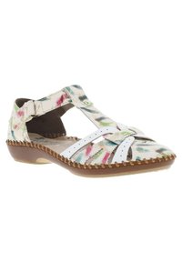 Sandalias de cuero con un patrón floral blanco y multicolor, con dedo abierto, correa ajustable y suela marrón texturizada.