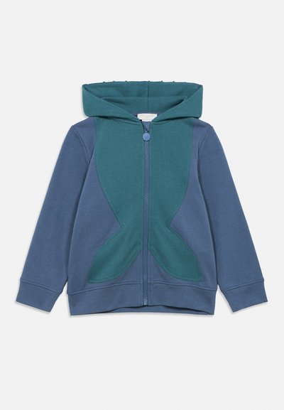 Kids' zip-up hoodie with long sleeves in blue and teal, featuring a front panel design and attached hood.