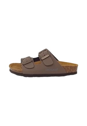 Sandal in marrone con due cinturini regolabili, soletta in sughero e suola in gomma con texture. Presenta il marchio "GRÜNLAND" sul lato.