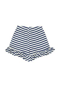 Pantaloni corti a righe navy e bianche con orlo arricciato e cintura elastica. Realizzati in tessuto leggero, offrono un design casual.