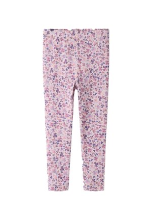 Różowe legginsy z drobnym, kwiatowym wzorem w odcieniach fioletu i różu, pokazane na płasko na białym tle.
