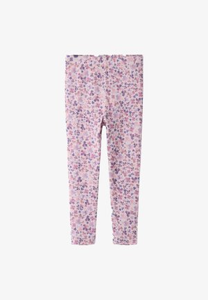 Różowe legginsy z drobnym, kwiatowym wzorem w odcieniach fioletu i różu, pokazane na płasko na białym tle.
