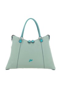 Borsa a mano in pelle color turchese chiaro con forma strutturata. Presenta due manici superiori, dettagli decorativi blu e un logo sulla parte anteriore.