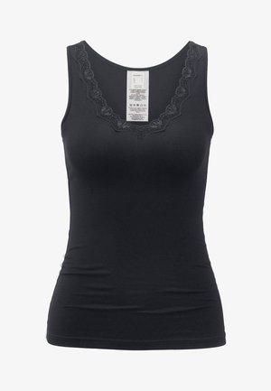 Débardeur noir ajusté sans manches avec bordure en dentelle autour de l'encolure dégagée et étiquette d'entretien des vêtements visible à l'intérieur.