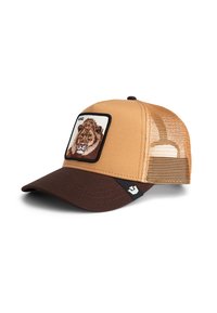 Gorra de malla marrón y caqui con un parche bordado de un león en la parte frontal. Cuenta con un ala curva y un cierre ajustable tipo snapback.