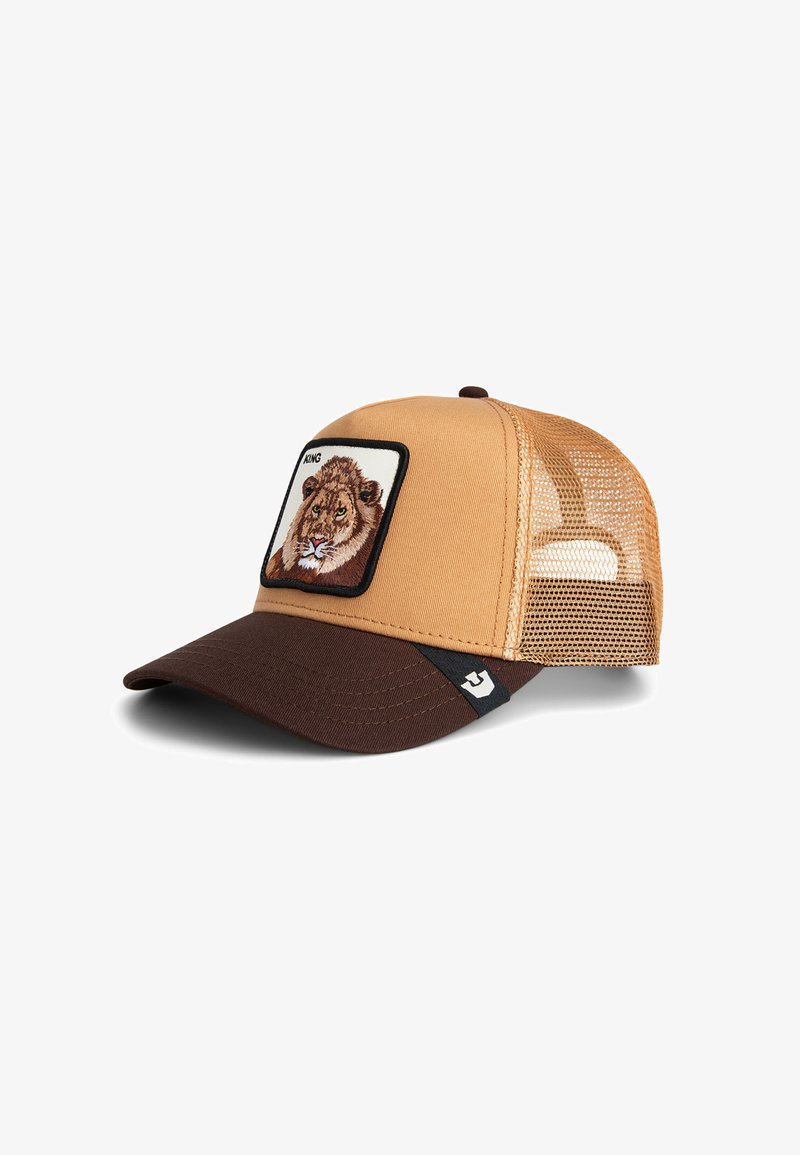 Bruine en kaki gaaspet met een geborduurd leeuwpatch aan de voorkant. Heeft een gebogen rand en een verstelbare snapback-sluiting.