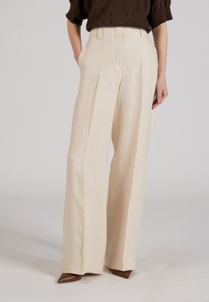 Kobieta nosząca beżowe, szerokie spodnie z wysokim stanem i bocznymi kieszeniami, w połączeniu z brązowymi, spiczastymi butami i ciemnobrązową bluzką.