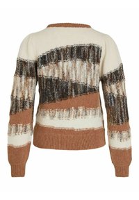 Strickpullover mit einem Streifenmuster aus Creme, Braun und Schwarz. Verfügt über einen gerippten Kragen und Bündchen sowie eine strukturierte, weiche Oberfläche.