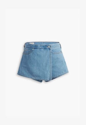 Denim shorts in light blue, featuring a wrap design, front pockets, and a metal button closure. Smooth texture with stitched edges.