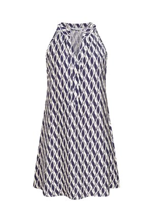 Abito senza maniche con fantasia blu navy e bianca, collo alla coreana con bottoni frontali e gonna svasata.