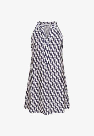 Sleeveless navy and white patterned halter neck dress with front buttons and a flared skirt.