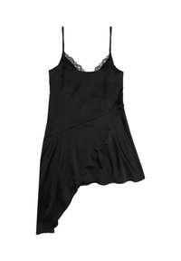 Schwarzes Satin-Top mit verstellbaren Trägern, Spitzenrand am Ausschnitt, asymmetrischem Saum und glatter Textur.