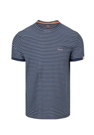 Navyblauw T-shirt met korte mouwen met witte horizontale strepen, ronde hals en klein oranje "N.Z.A." logo op de borst en mouw.