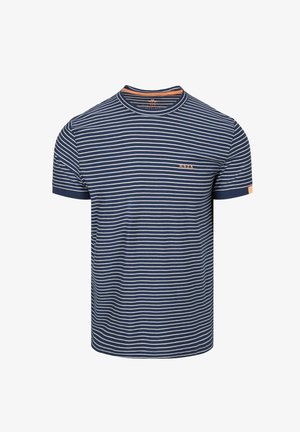 Navyblauw T-shirt met korte mouwen met witte horizontale strepen, ronde hals en klein oranje "N.Z.A." logo op de borst en mouw.