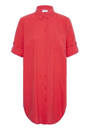 Robe chemise rouge boutonnée avec col, poche poitrine avant et manches courtes retroussées.