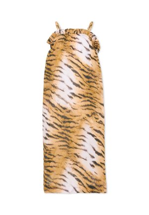 Robe midi sans manches avec fines bretelles, bordure à volants en haut et imprimé rayures de tigre dans des tons marron, noir et blanc.