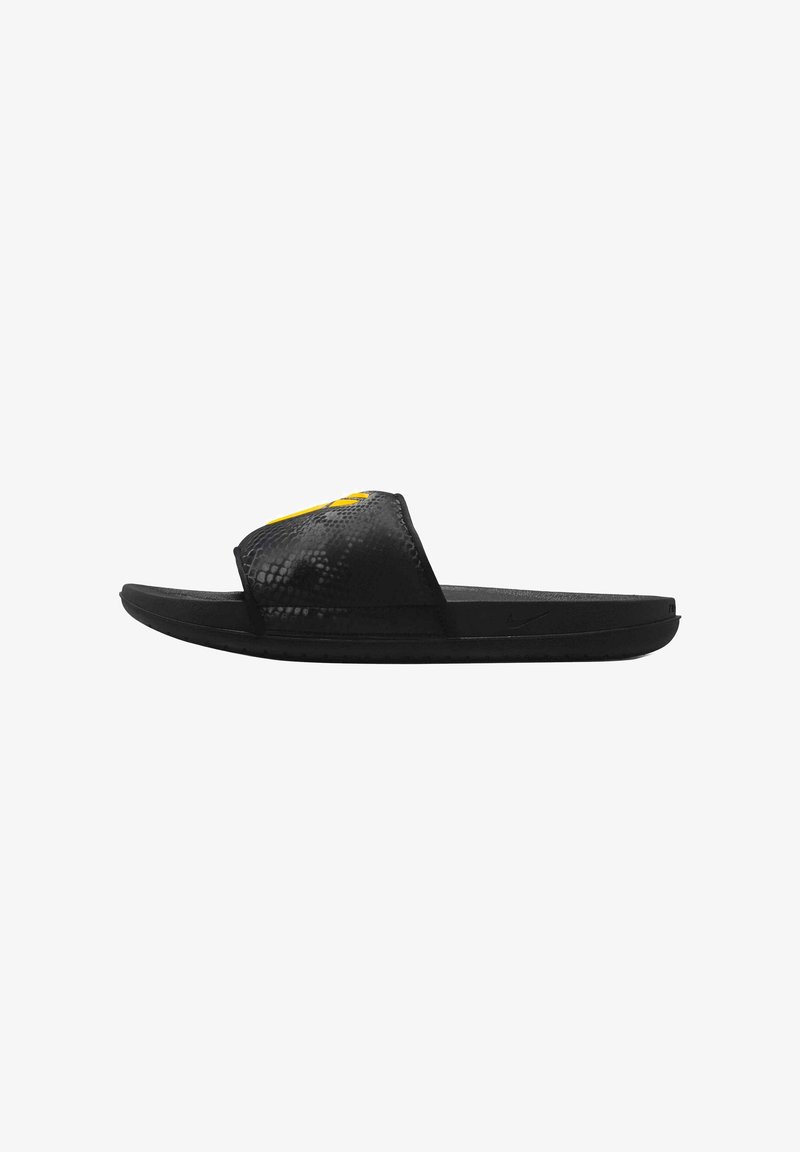 Black slide sandal with a textured snake-print strap, a yellow logo accent, and a flat rubber sole designed for comfort.