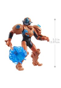 Action figure with brown and blue armor, holding a blue weapon. Stands 5.5 inches tall, features detailed design elements on armor.