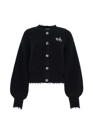 Black chunky knit cropped cardigan with button front, long puff sleeves, frayed edges, and white embroidered "wb" logo on chest.
