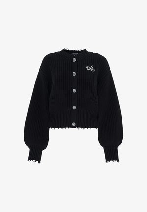 Black chunky knit cropped cardigan with button front, long puff sleeves, frayed edges, and white embroidered "wb" logo on chest.