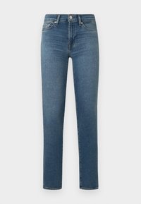 Jeans de ganga azul com corte direito, cintura média, ligeiras pregas e estilo clássico de cinco bolsos. Detalhes minimalistas no geral.