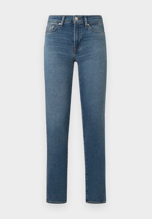 Blauwe spijkerbroek met een rechte pasvorm, taille op middenhoogte, subtiele vervaging en klassieke vijfzakkenstijl. Over het geheel genomen minimalistische details.