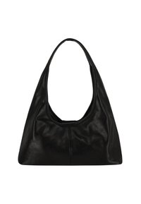 Black leather shoulder bag with a smooth texture, curved shape, and a large opening. Features a single, wide handle and no visible hardware.