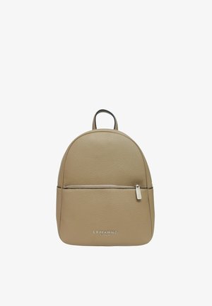 Zaino in pelle beige con tasca frontale con zip, manico superiore e logo "ERMANNO FIRENZE" sul davanti.