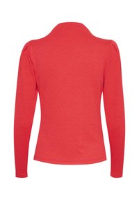 Maglietta rossa a maniche lunghe con un design aderente, colletto rotondo e tessuto testurizzato, presenta spalle arricciate e orlo dritto.
