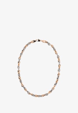 Metal halskæde med et skiftende mønster af poleret sølv og rosaguld links, med en sikker lås til lukning.