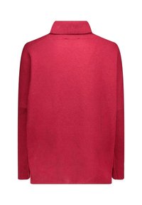 Maglione rosso lavorato a maglia con colletto ripiegato e maniche lunghe. Presenta una texture liscia e una vestibilità leggermente ampia, con dettagli a coste sui polsini.