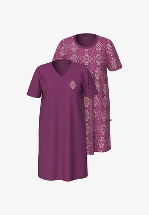 Zwei kurze Kleider in tiefem Lila und gemustertem Stoff. Das erste hat einen V-Ausschnitt und ein Diamantdesign; das zweite hat einen Rundhalsausschnitt mit floralen Motiven.