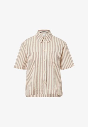 Korte mouwen overhemd met knopen, gemaakt van lichte stof, met verticale crèmekleurige en gedempte roze strepen, twee borstzakken en een kraag.
