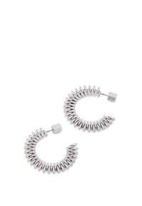 Silver hoop earrings with a coiled design, featuring a textured surface and a square shaped clasp. Minimalist and modern appearance.