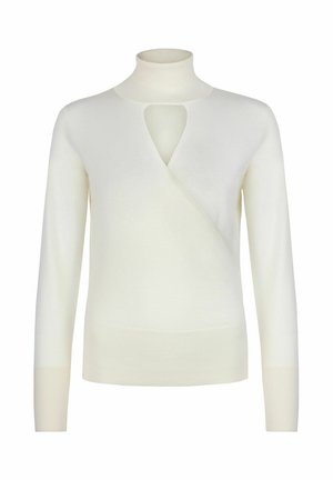 Maglione bianco lavorato a maglia con collo alto, caratterizzato da un cut-out sul petto e un design avvolgente. Maniche lunghe e polsini a costine.