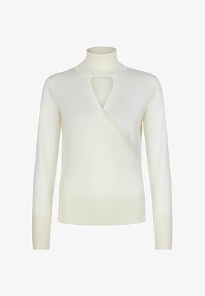 Biały sweter robiony na drutach z wysokim dekoltem, z wycięciem na klatce piersiowej i asymetrycznym krojem. Długie rękawy i ściągacze.