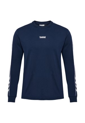 Granatowy sportowy długi rękaw z białym logo "hummel performance" na piersi oraz białymi paskami w kształcie szewronów wzdłuż rękawów.