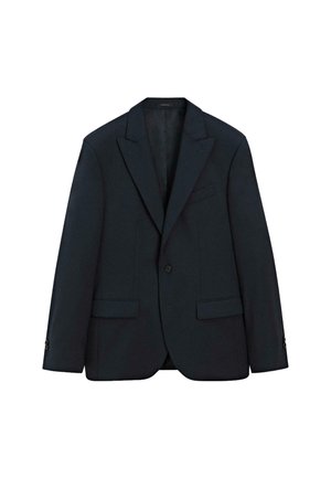 Marineblauwe blazer met een notch-lapel, enkele knoopsluiting, twee voorzakken en manchetten met drie knopen. Gemaakt van een zachte stof.