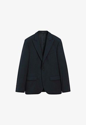 Marineblauwe blazer met een notch-lapel, enkele knoopsluiting, twee voorzakken en manchetten met drie knopen. Gemaakt van een zachte stof.