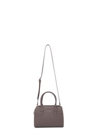 Gray textured handbag with dual top handles, detachable shoulder strap, gold-tone hardware, and zip closure. Compact and structured design.