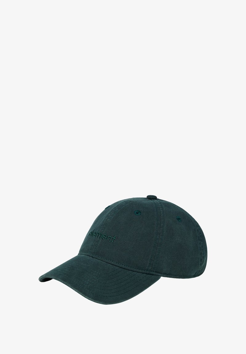 Dunkelgrüne Baumwoll-Baseballmütze mit gebogenem Schirm, gesticktem Logo und Belüftungsösen für Atmungsaktivität.