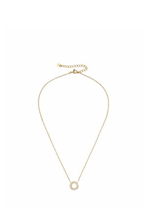 Collier délicat en chaîne d'or avec un petit pendentif circulaire orné de pierres précieuses claires et un fermoir réglable.