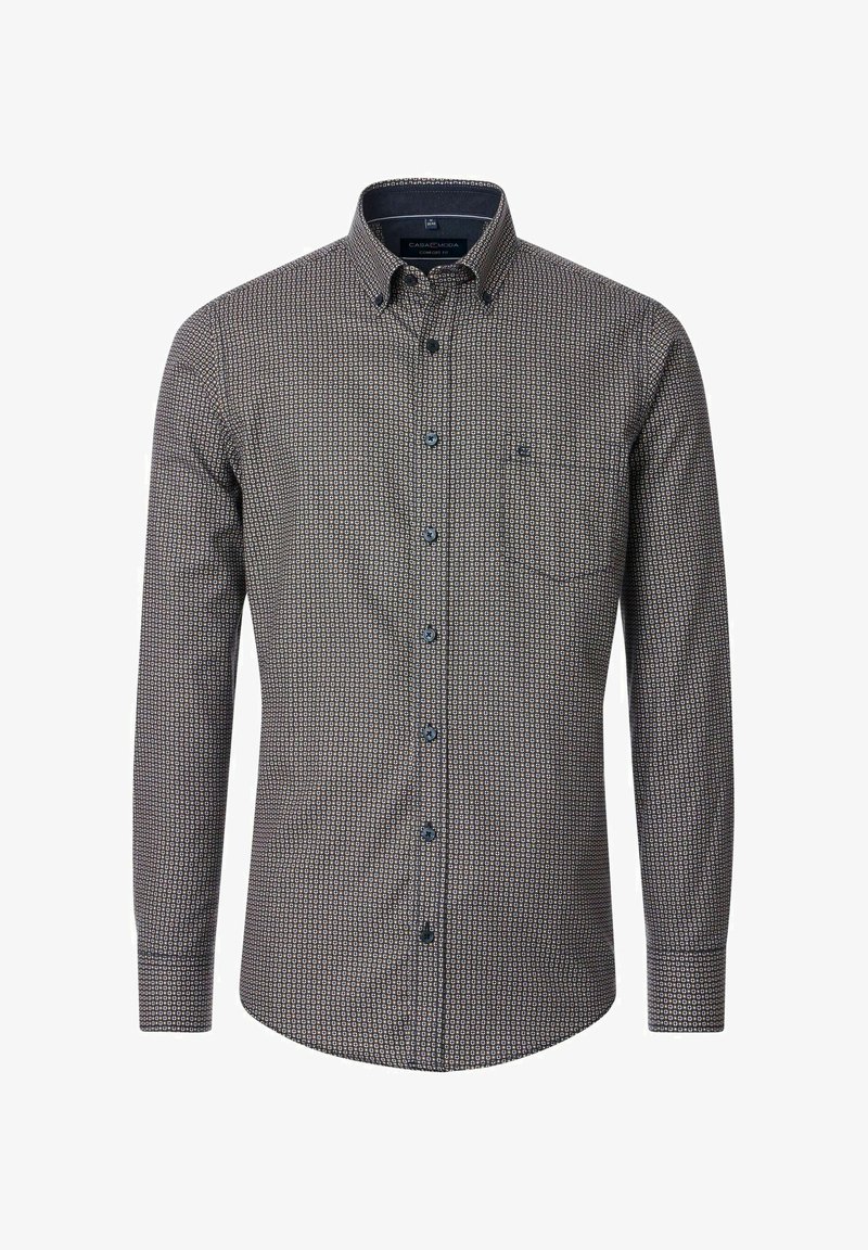 Men's long-sleeve button-up shirt with small geometric pattern in black, white, and blue, featuring a classic collar and single chest pocket.