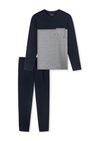Set di pigiama a maniche lunghe con una parte superiore grigia a blocchi di colore con maniche blu navy e una tasca sul petto, abbinato a pantaloni blu navy. Tessuto morbido.